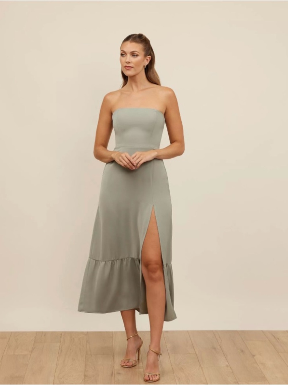 Strapless Sage Midi Dress Wedding Guest